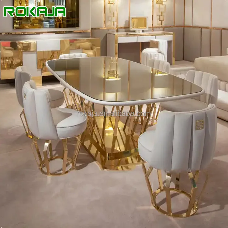 Modern Design Glass Dining Table with Gold Stainless Steel Base