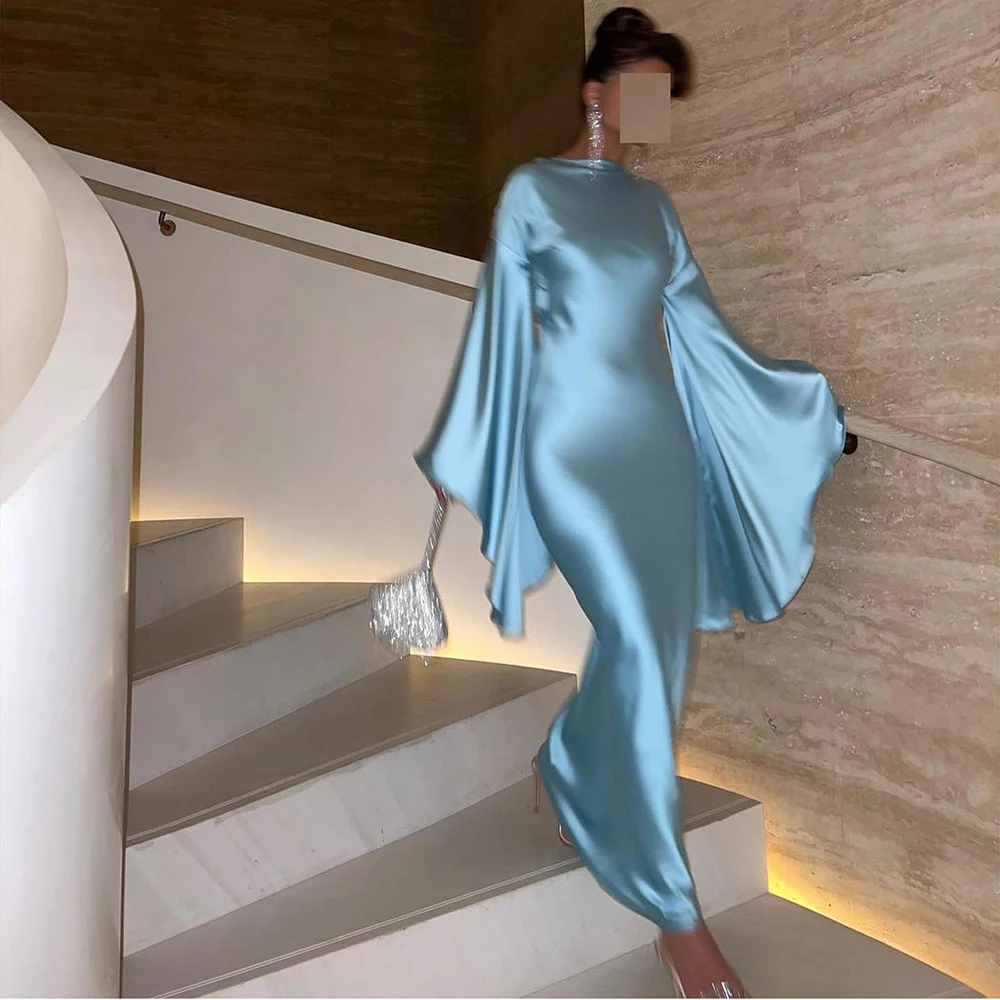 Silk Satin Turquoise Blue Long Sleeves Mermaid Dubai Evening Dresses for  Woman Wedding Party Arabic Formal Gown Sf040-1