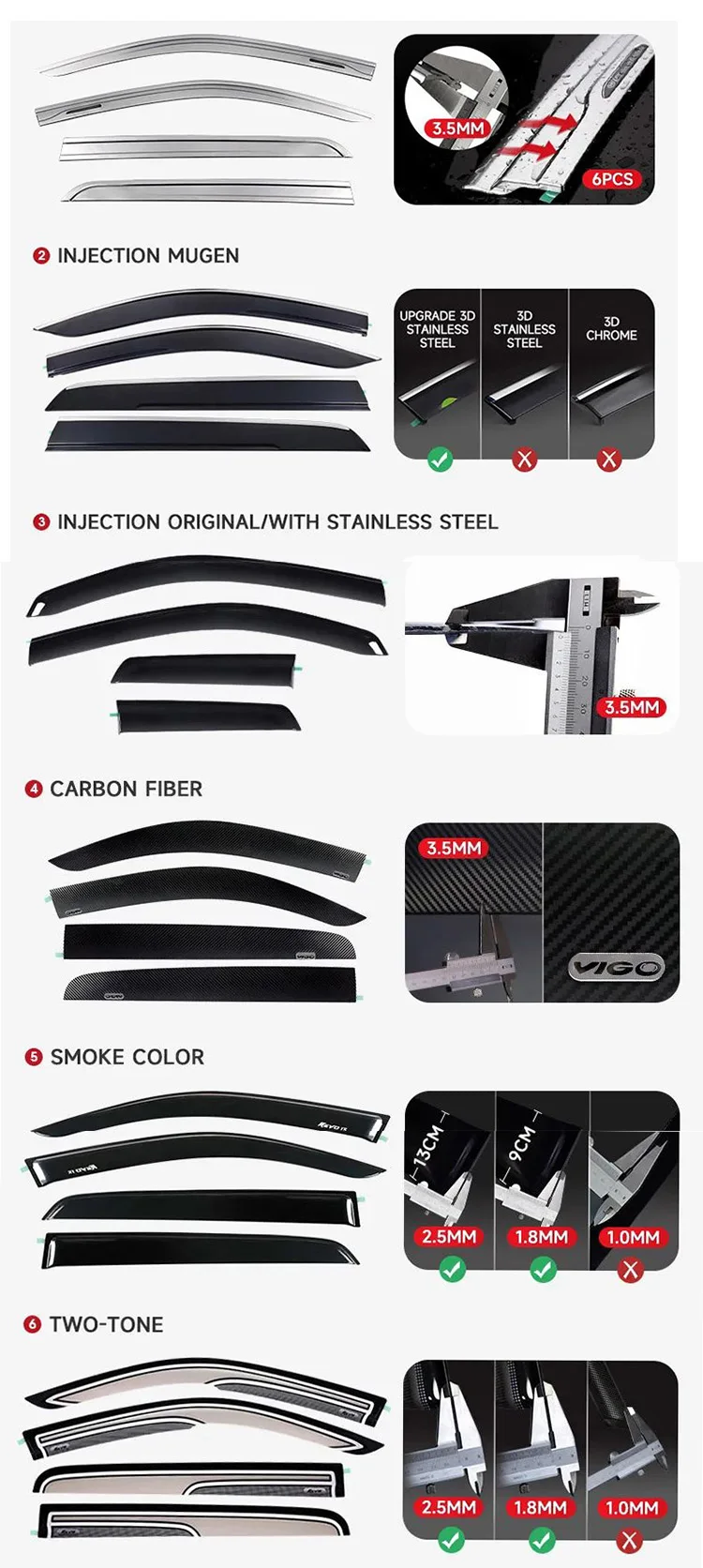 Mosun Factory Pmma Chrome Vent Visor Side Window Visor Rain Sun Wind Deflectors Guard Vent