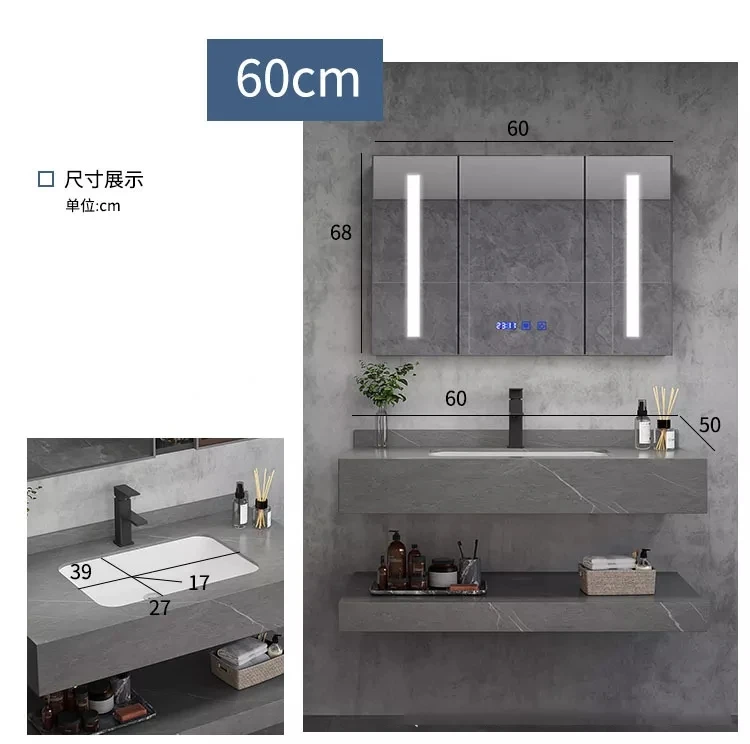 Customized wall mount artificial stone modern bathroom marble cabinet hand wash basin sintered stone vanity sink with mirror factory