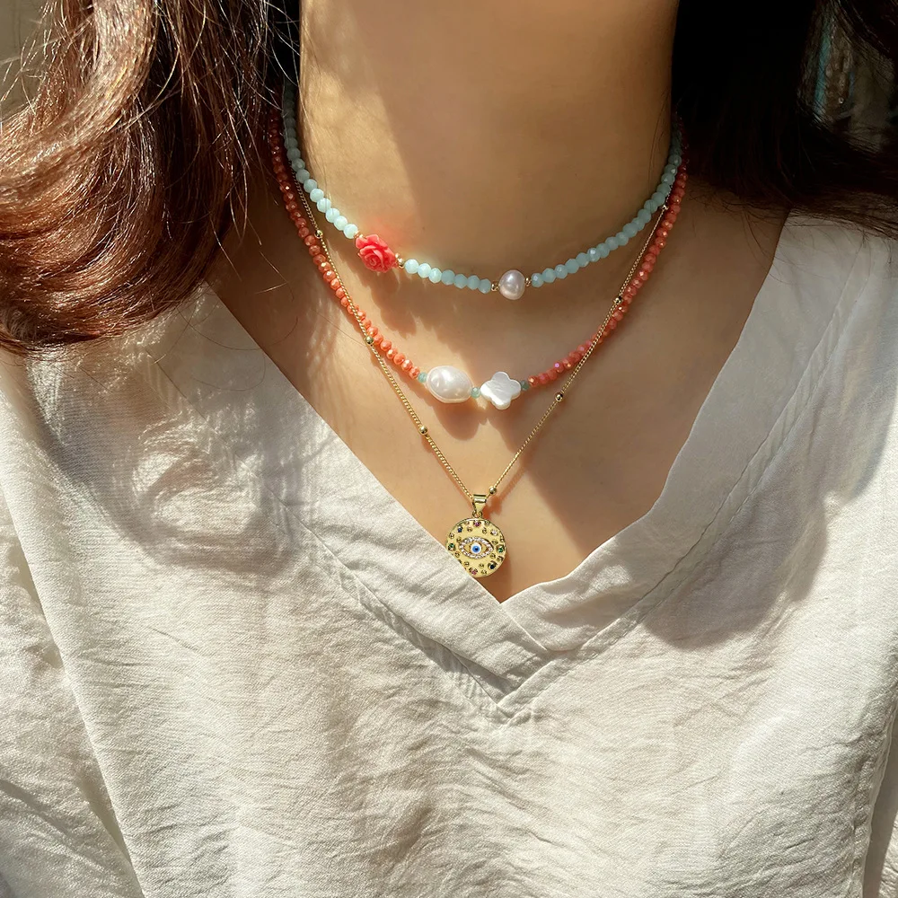 Bohemian Style 10 Kinds Star Shell Pearl Turquoise Charm Faceted Crystal Beads Choker Necklace Set for Women Girls