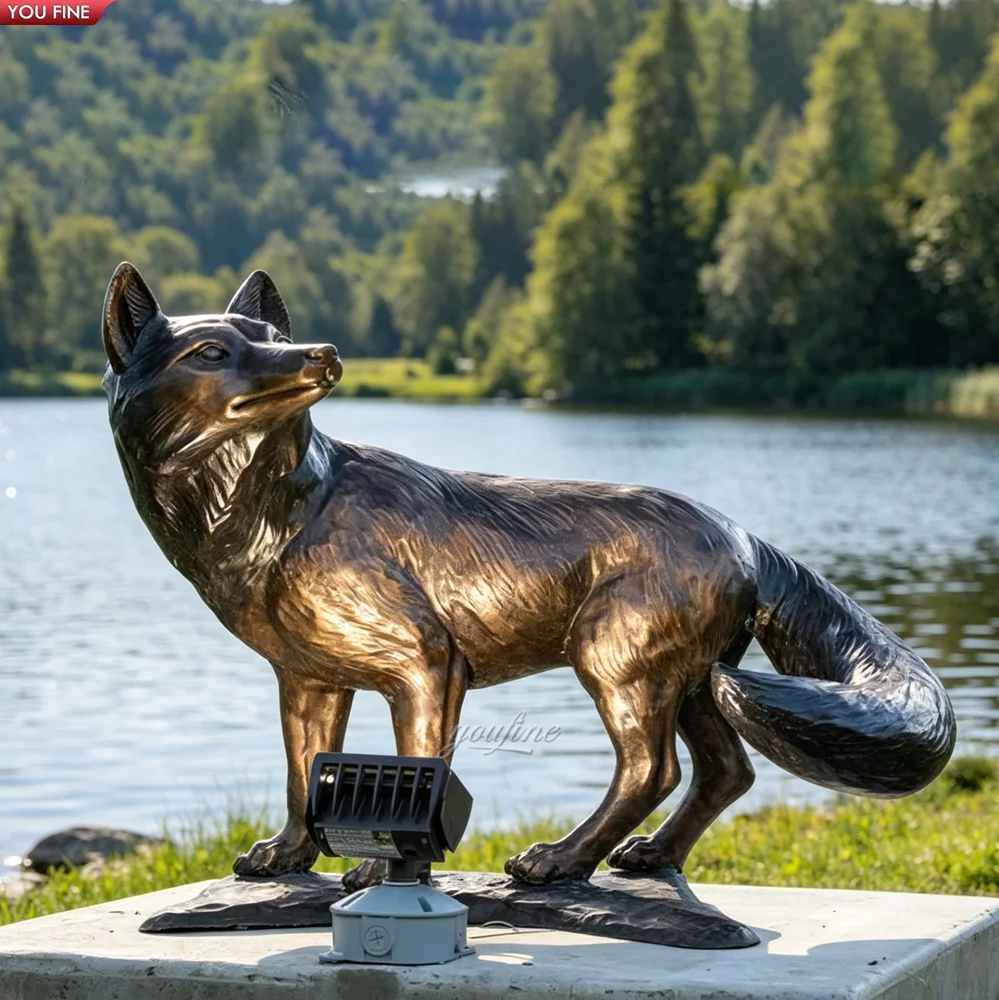 YOUFINE Bronze Statue of a fox Life Size Realistic Wild Animal Figurine for Lakeside Deck and Forest Park Landscaping