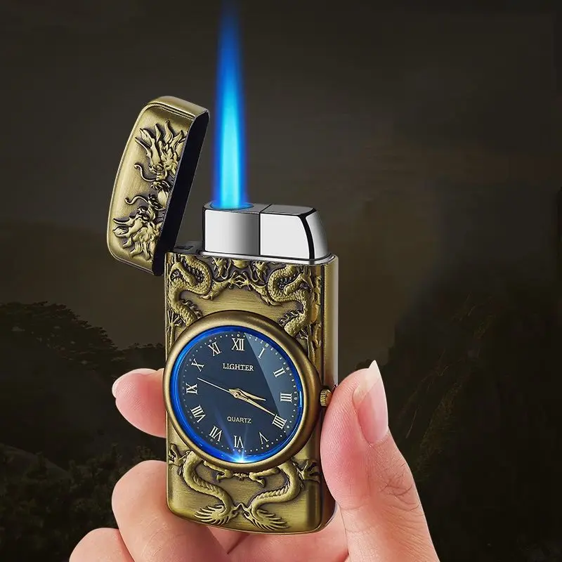 KY Creative Inflatable Watch Lighter Embossed Dragon Blue Flame Jet Torch Metal Cigarette Lighter for Smoking