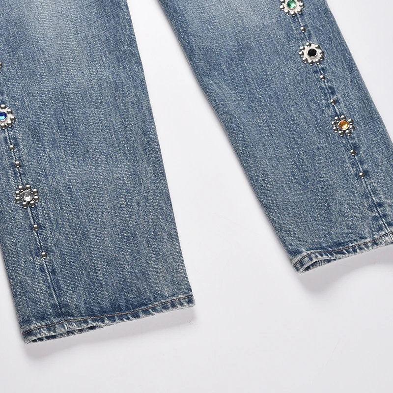 DiZNEW Rhinestone Jeans Fashion Small Size China Factory Stone Nice Quick Bule Drilling Rainbow Cloth Jewel Pants factory