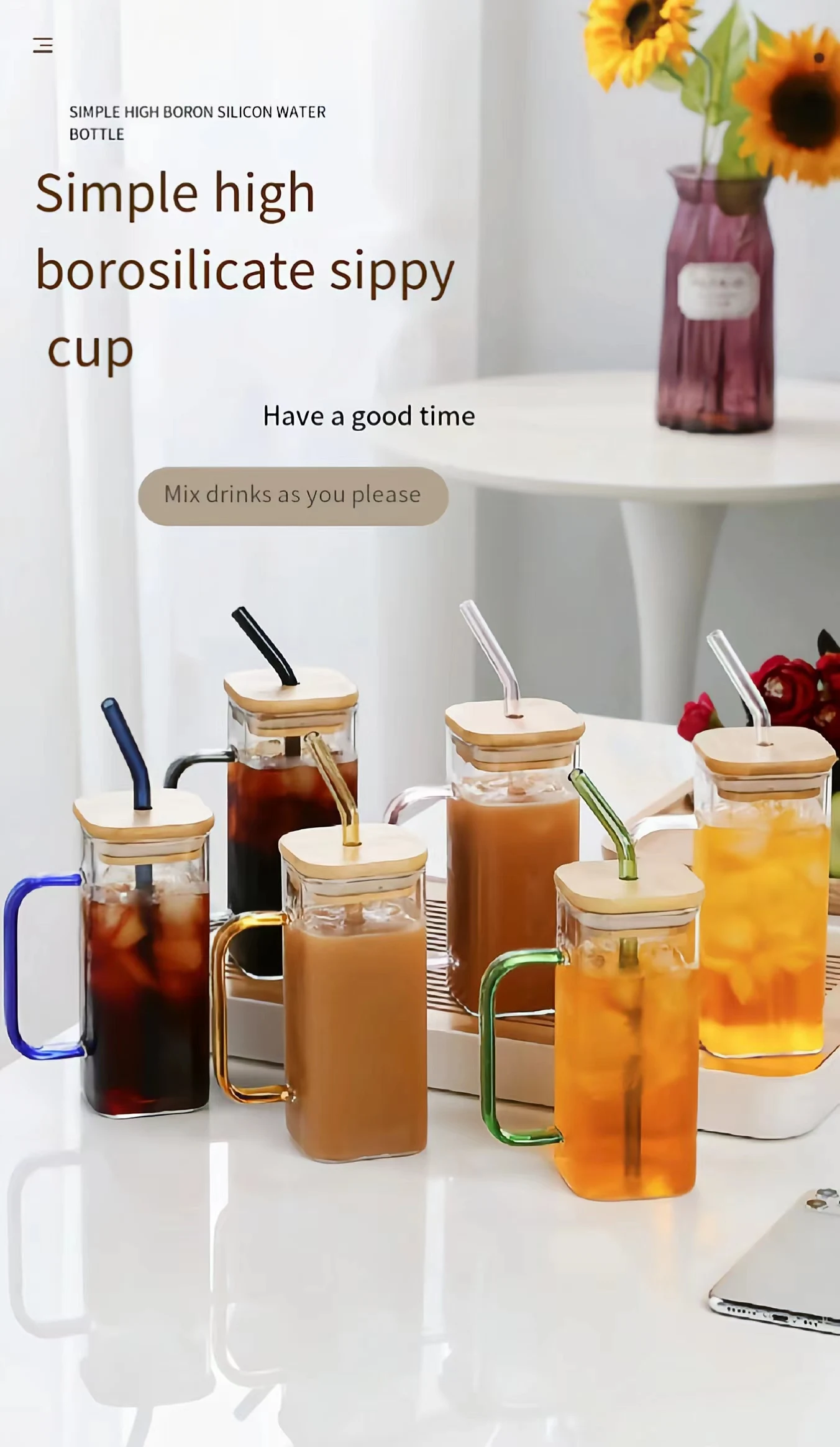 High Quality 12oz Square Colored Handle Glass Cup Home Drinking Cup