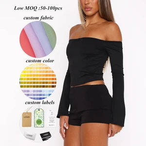 2026 New Style Slim Fit Women Fitness Tshirts Logo Printed off Shoulder Ladies Long Sleeve Plain Black t Shirt