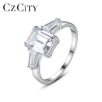 CZCITY Silver Jewelry 925 Geometric Emerald Cutting Finger Fashion Real Eternity For Woman Luxury Ring