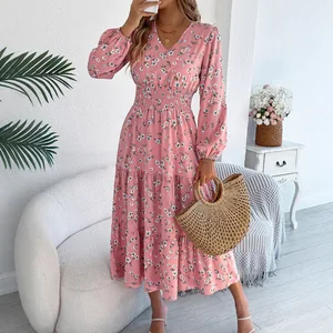 Women's Elegant Flower A-Line Skirt for Autumn Winter V-Neck Long Sleeve Waist Trimming Ruffles Maxi Length Casual Knitting