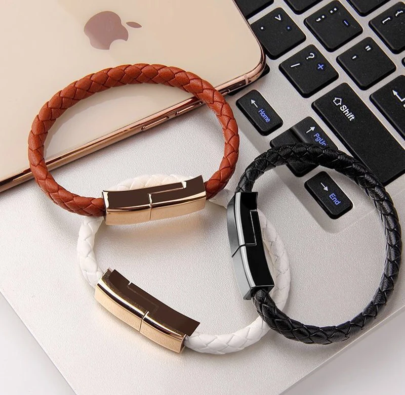 Скрученный кожаный браслет 20 см, короткий USB-кабель для зарядки и передачи данных для Iphone, Тип C, микро-зарядное устройство, браслет, зарядный usb-кабель для передачи данных