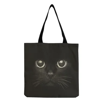 Bolsa De Hombro Reutilizable De Algodón Con Diseño De Gato, Blanca, Ideal Para Compras O Uso Diario