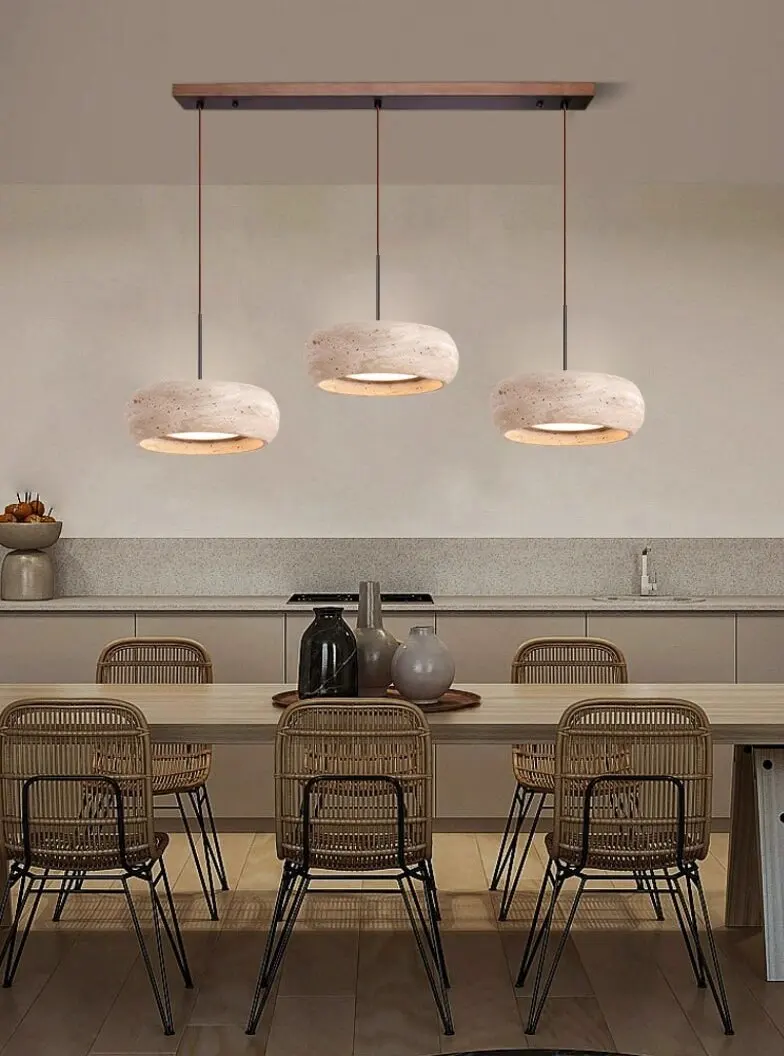 Wabi-sabi Vintage Natural Round Travertine Led Pendant Light for Bedroom Hallway Dinner Table