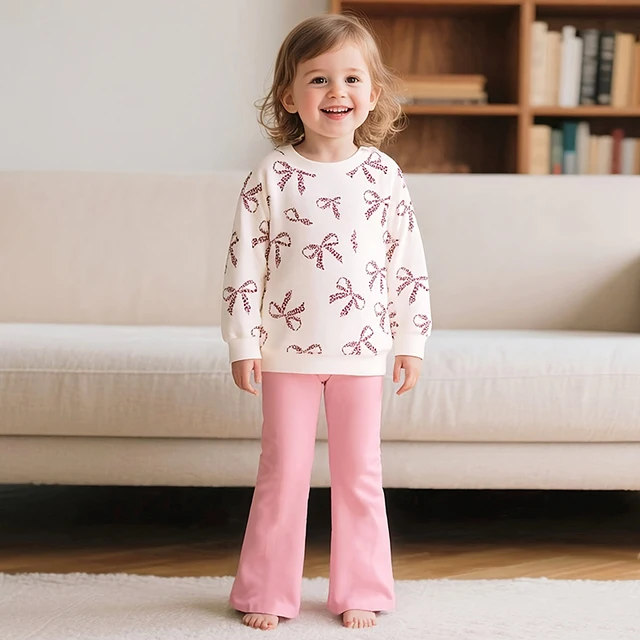 Children Girls Clothing Set Long Sleeve Sweatshirt and Legging Cartoon Bowknot Pattern Autumn Sweet Outfit for 2-7Y