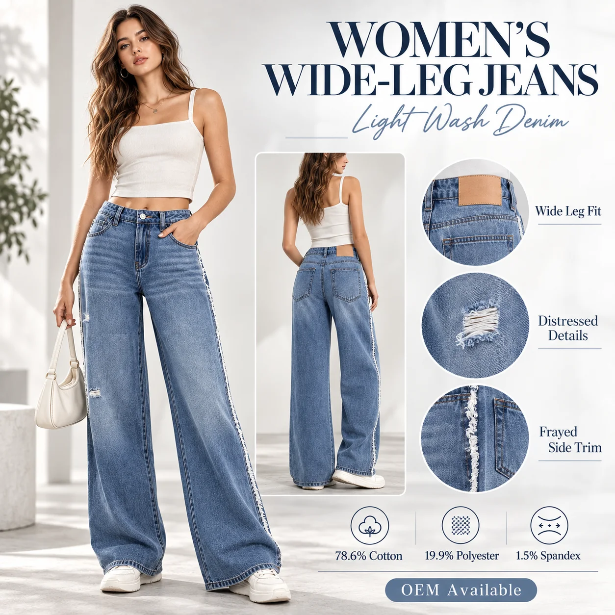 Spring Casual Women Trending Denim Floral Pants Wide Leg Streetwear Vintage Light Wash Jeans for Women