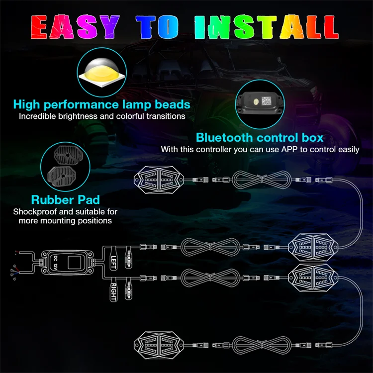 BLEDIM2 App and Remote Control 4 6 8 12 Pods RGBW Color With Turn Brake Reverse Lights 24 LED Rock Lights