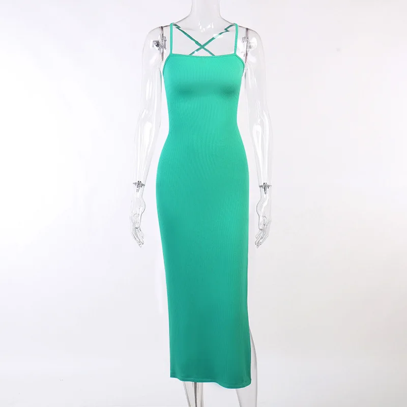 sachin and babi light blue dress Slim Ribbed Tie Back Midi Dress
