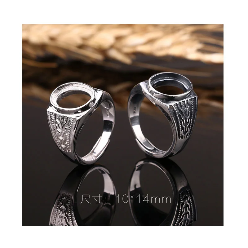 S925 Oval 10*14mm Classic Antique Silver Men Ring Mountings Without