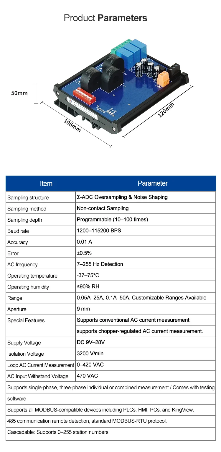 product huaqingjun 3 channel rs485 current voltage transformer detect module 001a high precision rs485 modbus rtu acquisition module357-3