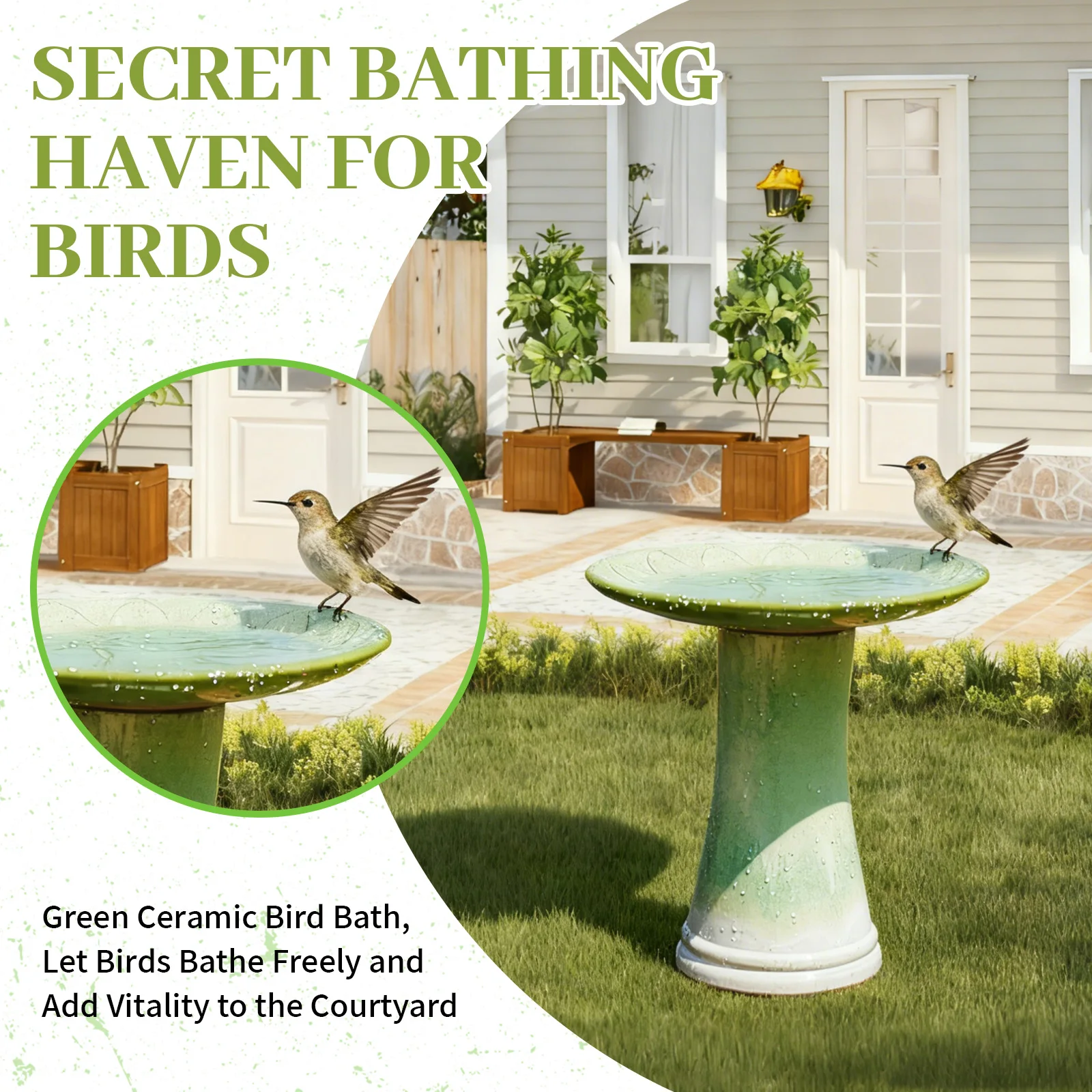 Handmade 16.93-Inch Diameter 18.11-Inch Height Green Gradient Glaze Ceramic Bird Bath for Outdoor Garden Birds Backyard Birding - Image 5