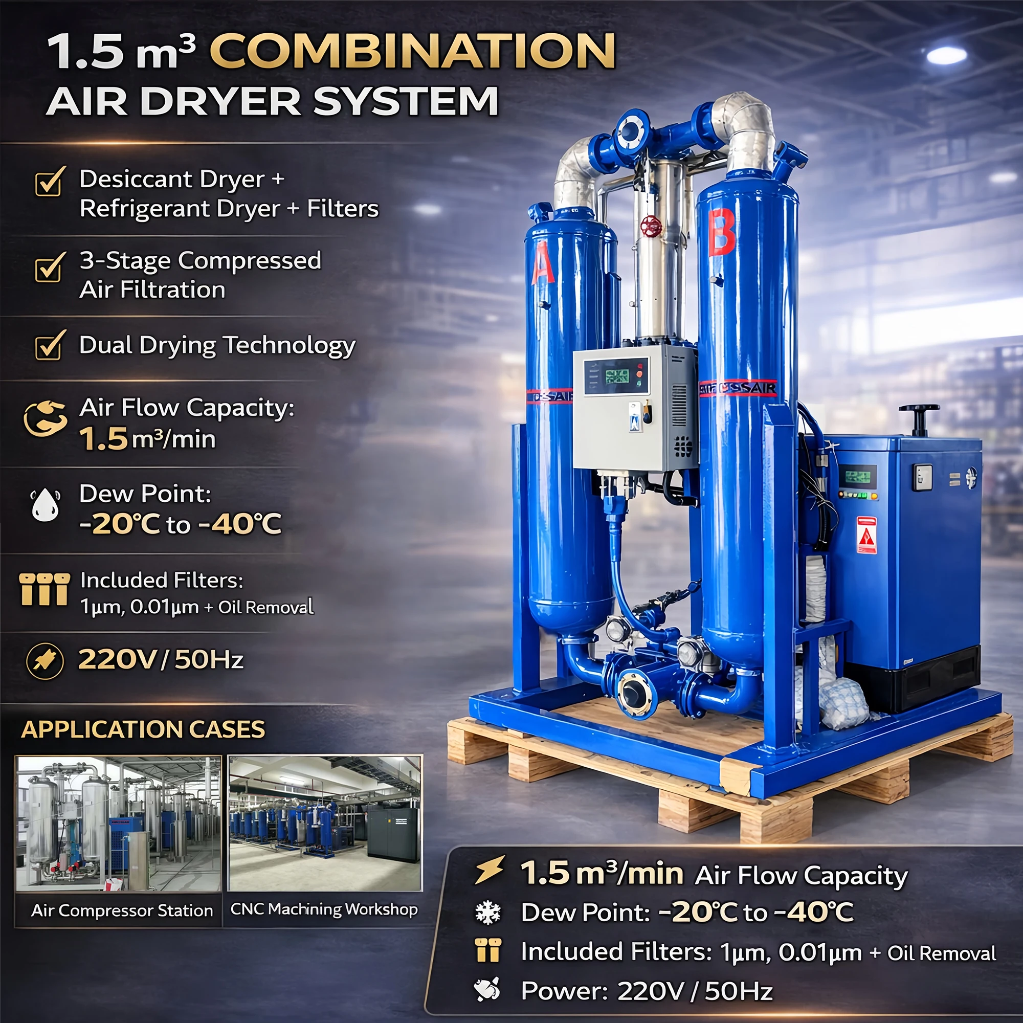 1.5Nm³/min 48CFM Combined Refrigerated Air Dryer + Micro Heat Desiccant Air Dryer for Air Compressor Secante De Aire Comprimido