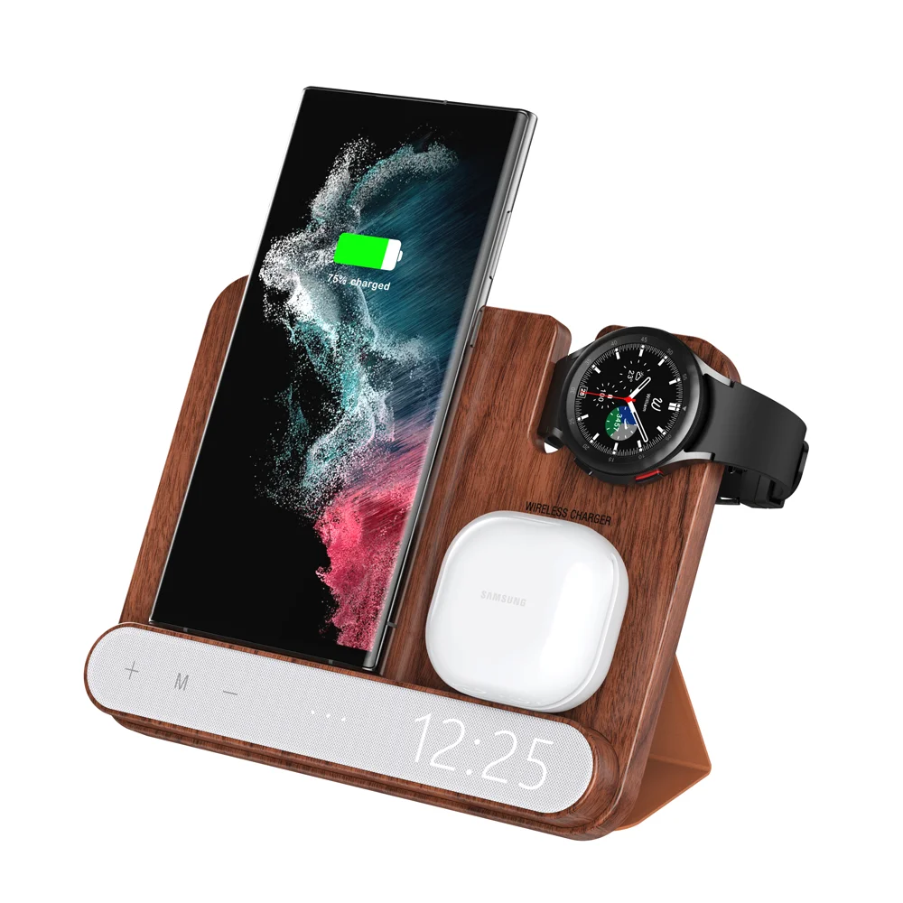 Portable Wooden 4 in 1 Multifunctional Wireless Charger  Bedside Led Light Lamp Digital Alarm Clock 15W Fast Charging Station