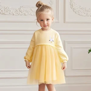 Autumn Sweet Style Cute Cotton Printed Cartoon Tulle Knee-Length Dress for Girls Kids