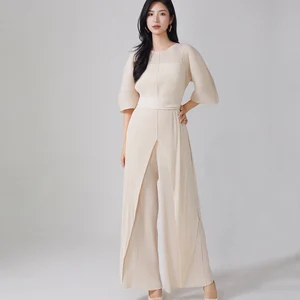 Women's Miyake Pleated Two-Piece Jumpsuit Set - Irregular Elegant Wide Leg Jumpsuit with Waist Belt for Office & Party Wear