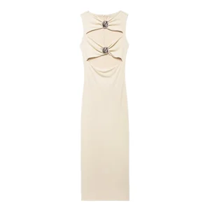 Customize Casual Summer Sleeveless Dress Black Front Hollow Maxi Vintage Style Natural Waistline Breathable Woven Solid Pattern