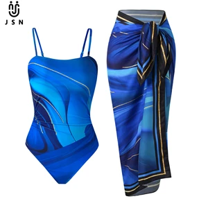 JSN 2026 Customized New Matching Swimwear Set One Piece & Beach Wrap Blue Gradient Swimsuit with Gold Accents Two Piece Bikini