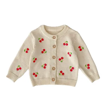 Autumn New Fashion Baby Girls Casual Sweater Coat with Cherry Embroidered Knitted Long Sleeve Cotton Cardigan Baby Tops