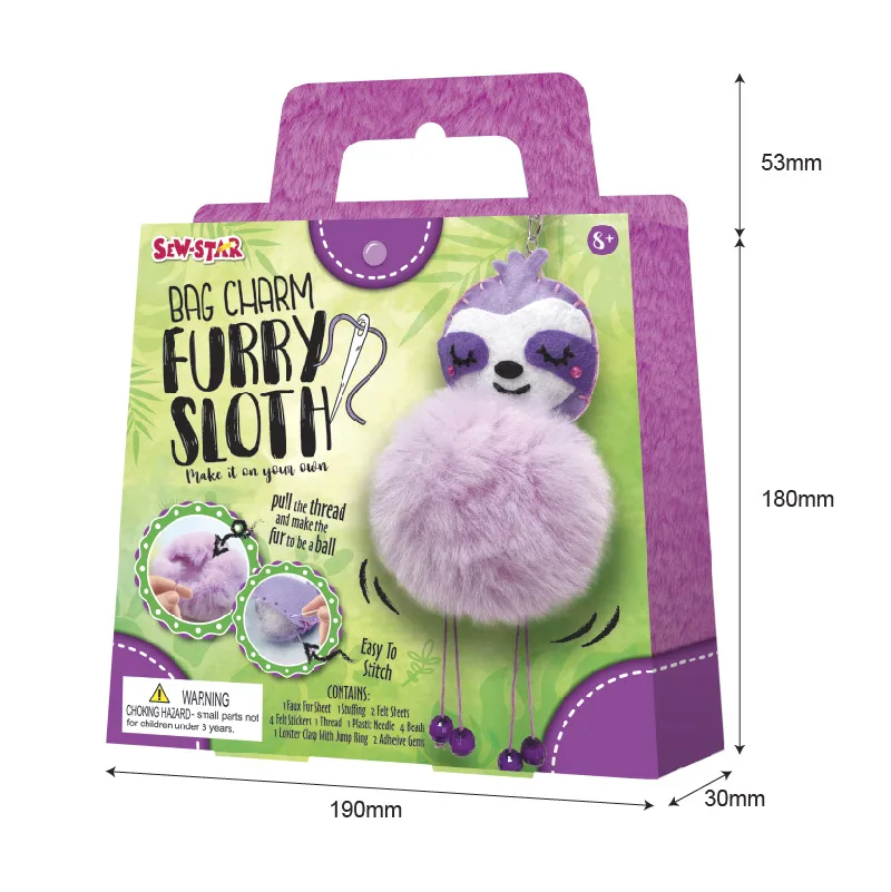 WD RTS Bulk DIY Children Handmade Sewing Stitched Fabric Suture Cute Pulse Plush Furry Pompom Sloth Bag Charm Key Ring Chains