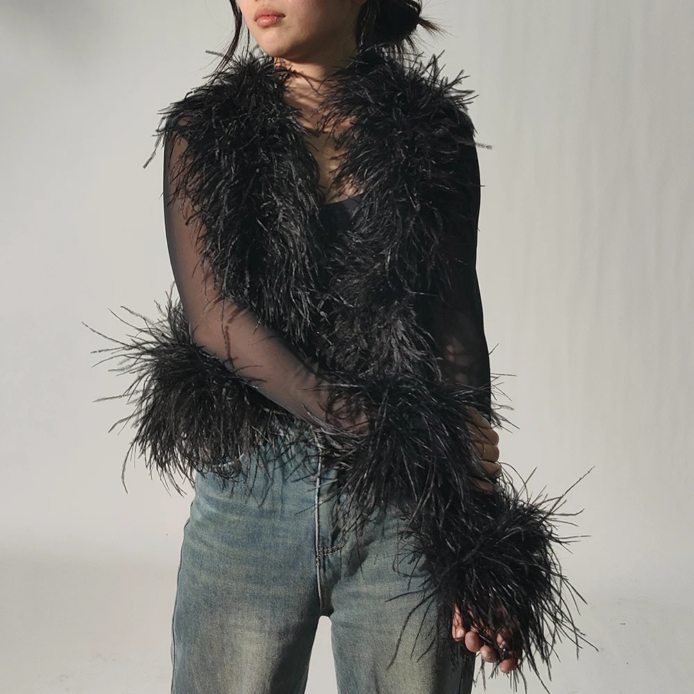 Jxwatcher Night Dress Mesh Ostrich Feather Shirt Jacket Cropped Tops Genuine Fur Coat Sexy Women Real Ostrich Fur Coat Fluffy
