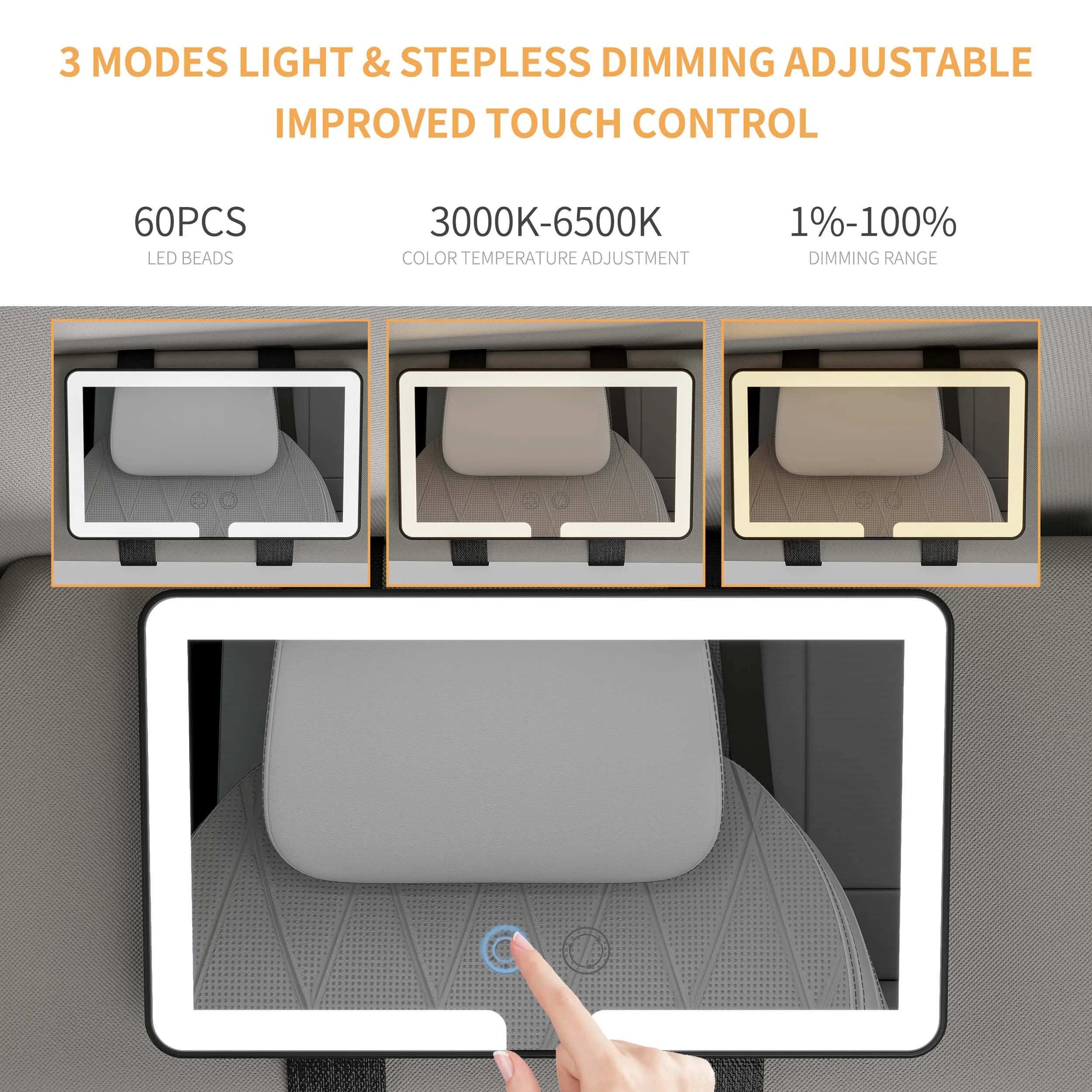 Miroir De Maquillage LED Pour Voiture - 3 Modes D'éclairage, Rechargeable USB-C, Fixation Pare-soleil, Dimensions 23,5x12,7 Cm