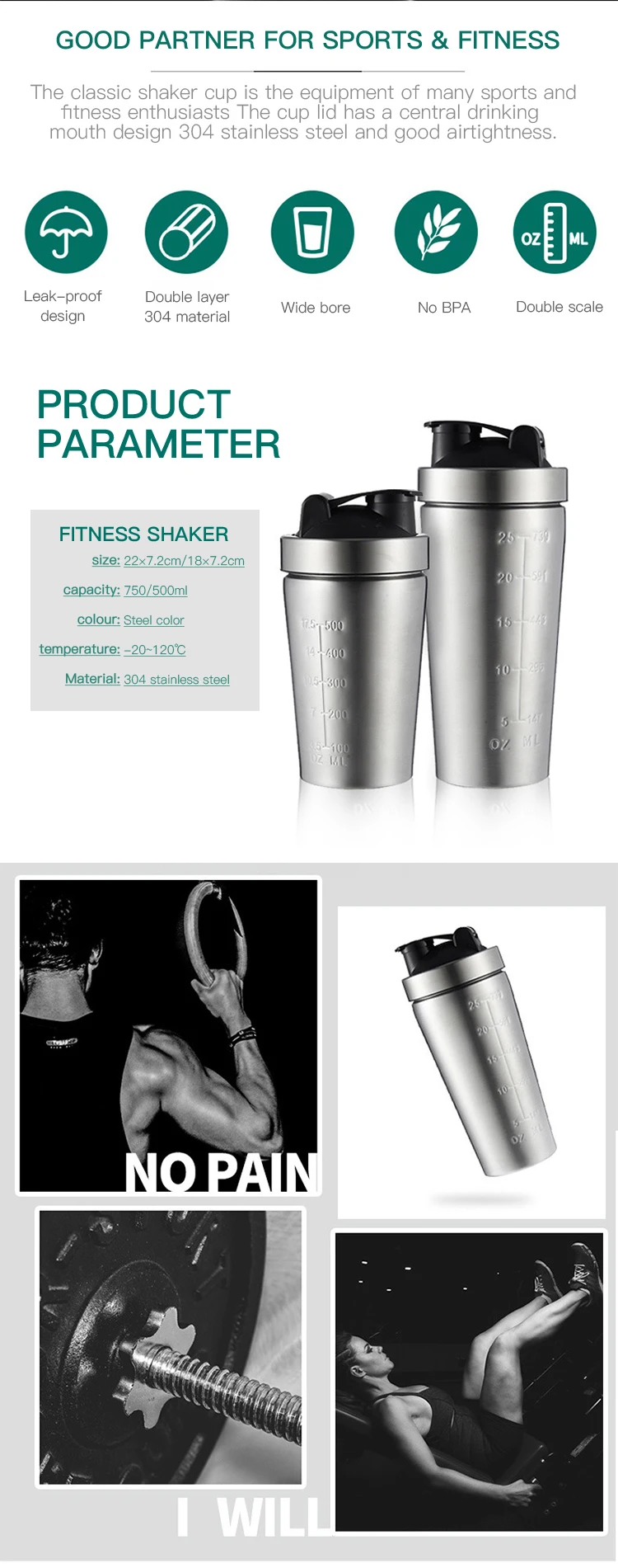 Gym Workout Protein Blender Shaker Bottle Stainless Steel Insulated Shaker Bottle with Mixer Ball