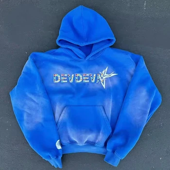 OEM Streetwear Custom Rhinestone 100% Cotton Pullover Hoodie Oversize Fit Distressed and Sunshade Hoodie for Men