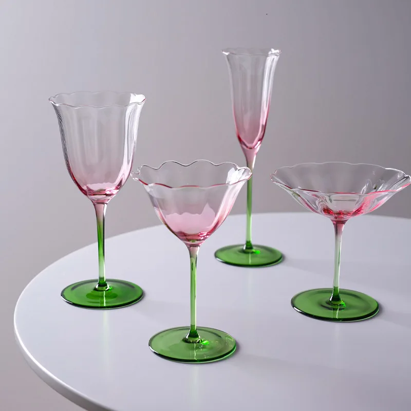 Vintage Floral Pink & Green Crystal Glass Goblet Home Cocktail Martini &  Flutes Champagnes Glasses