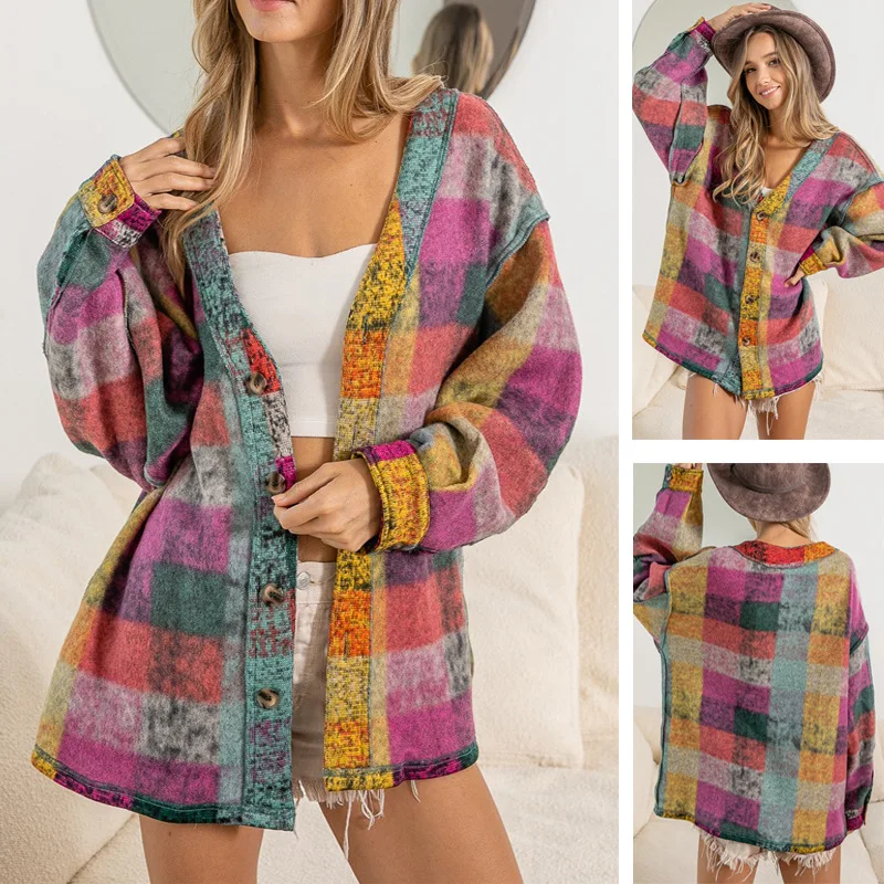 Personalised Women's Shacket Long Sleeve Button Plaid Coat_voghion.com