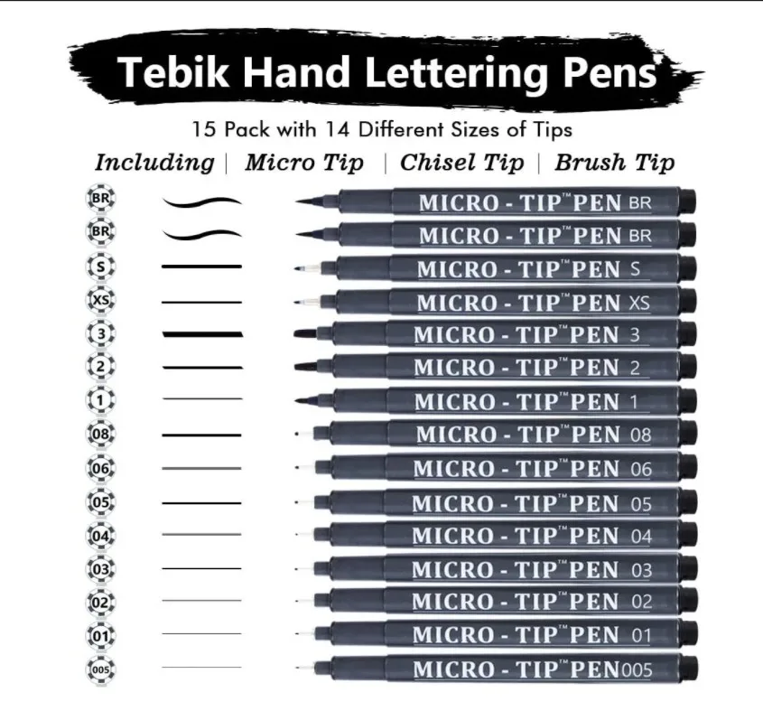 Tebik Hand Lettering Pens, 15 Pack Calligraphy Brush Pen Markers