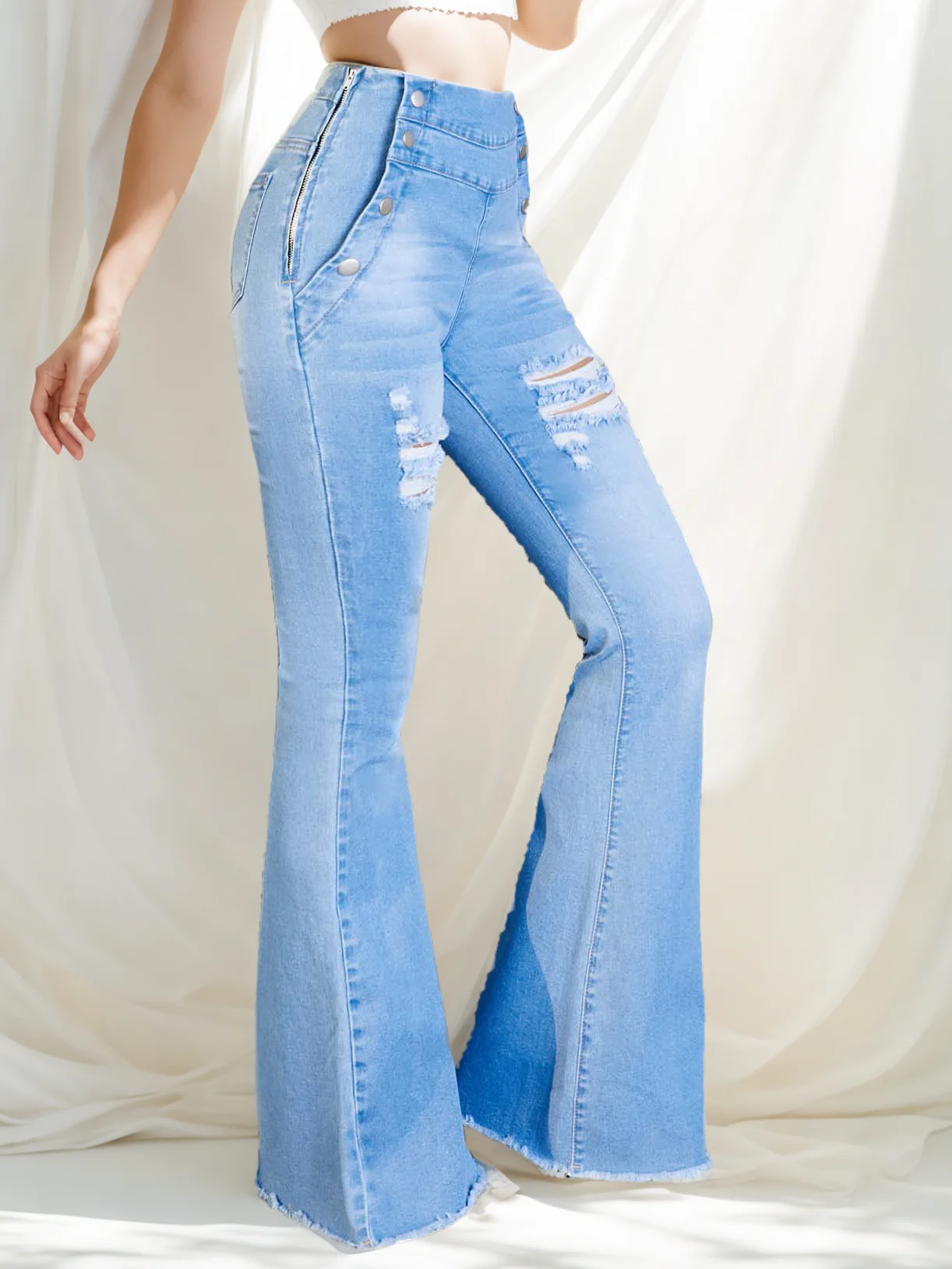 Custom Wholesale Factory Direct Sales Ladies New Casual Fashion Wash Waist Design Hole Bag Buttock Tight Denim Bell Bottoms