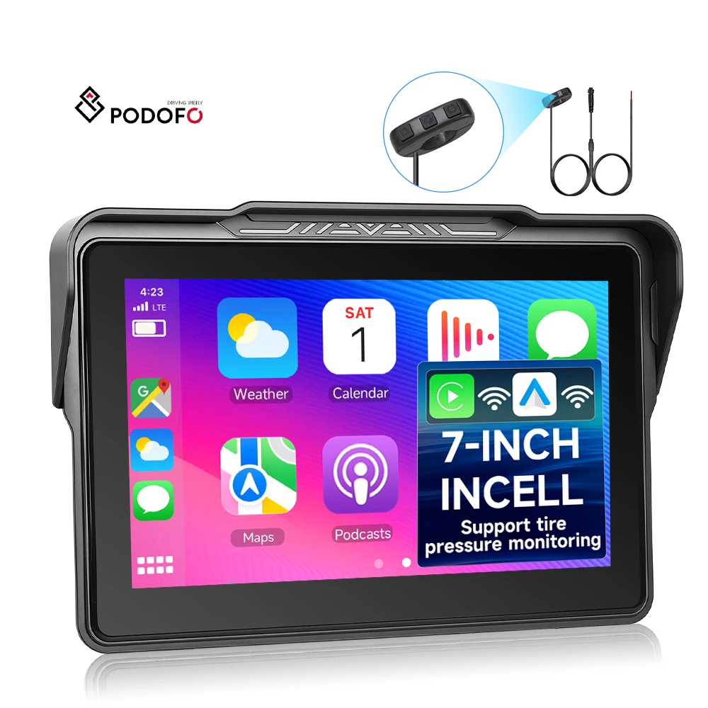 Podofo 7 Inch Motorcycle CarPlay Screen Android Auto/CarPlay/BT with Easy Quick Release/Steering Wheel Bracelet Control ODM A4629