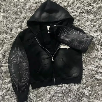 OEM 100% Cotton Vintage Drop Shoulder Acid Washed Hoodie Boxy Fit Custom Embroidery Zip-up Hoodie for Men