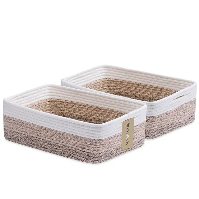 Large Shallow Organizing Baskets  - Rope Woven Storage Bins for Bathroom, Shelves, Cube Closet, Gradient Brown