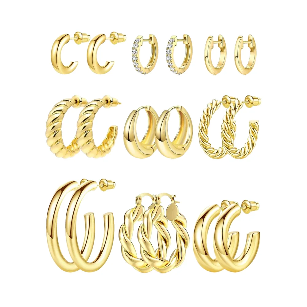 Camellia 9-Pair Lightweight Gold Plated Stainless Steel Hoop Earrings Set Trendy Twisted Huggie Hoops for Women Girls Parties