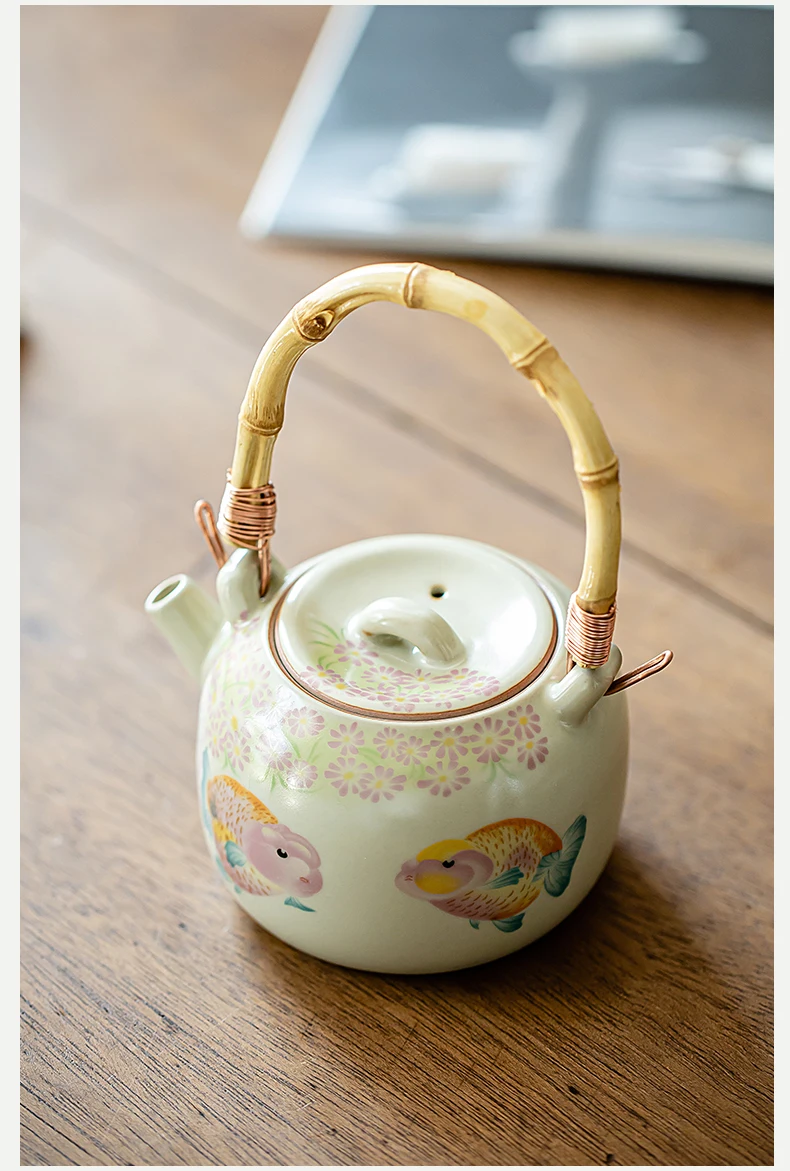 Goldfish Large Capacity Ceramic Teapot Bamboo Joint Beam Pot Beige Ru Kiln Household Tea Cups Saucers Open Piece Filter Pot