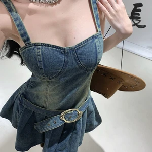 2025 Fashion Casual Spring Y2K Strapless Tunic Casual Mini Dress for Women Ruffled Denim Dress