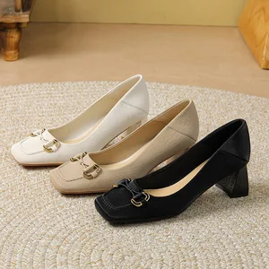 Factory Direct Custom Cross-Border Sheepskin High Heels 5cm Thick Square Toe Shallow Autumn Season 5525-8