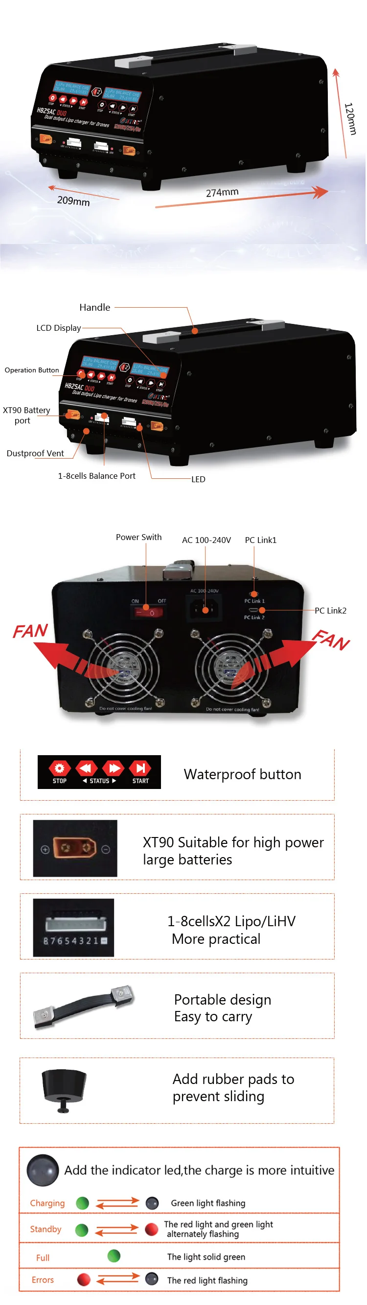 1200W HTRC H825AC DUO 25A 1-8s Lipo/Lihv For Rc Agricultural Spraying UAV Dual Port Battery Drone Balance Charger High Power manufacture