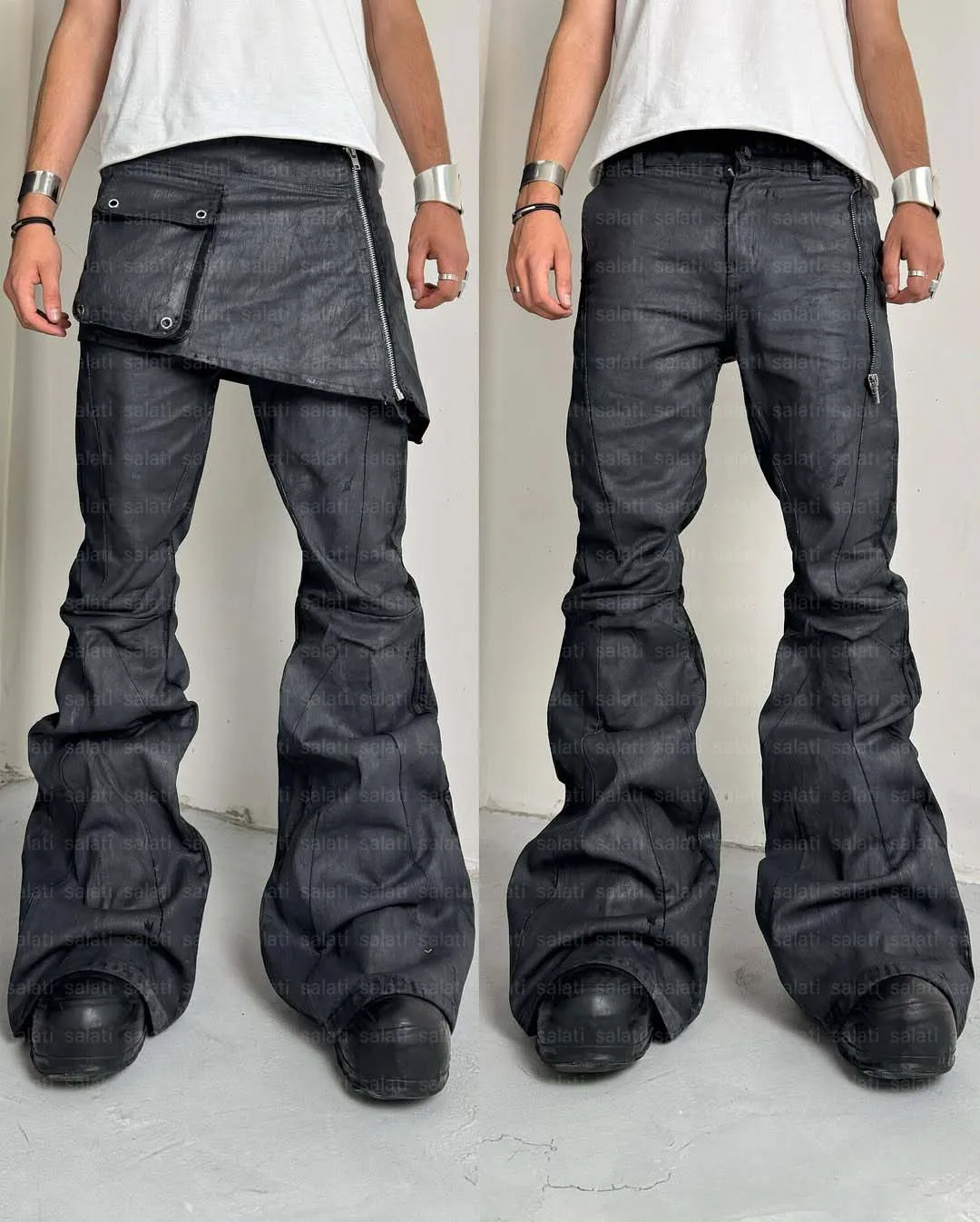 Salati Custom Punk Hip Hop Streetwear Double Layer Bootcut Waxed Leather Flared Stacked Detachable Skirt Denim Pant Jean for Men