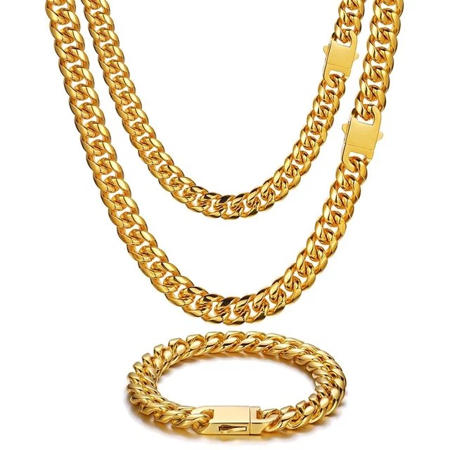 fashion jewelry Stainless Steel  Chain for Men  Hip Hop Silver 18k Gold  Cuban Chains and Bracelets necklace jewelry set