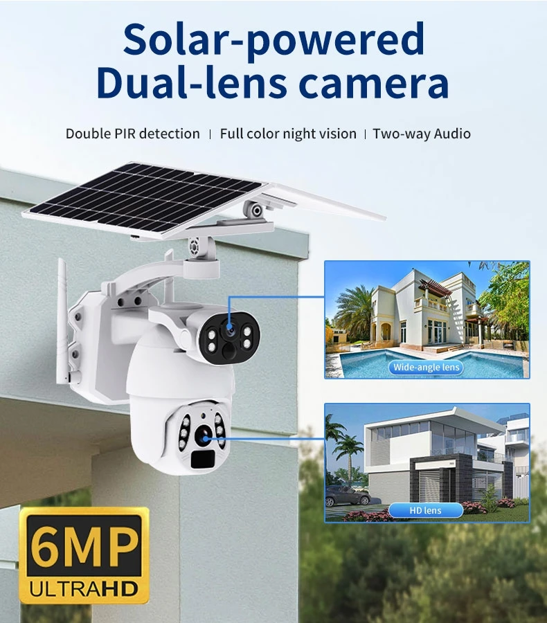Outdoor 6MP PTZ 3K Wireless Solar Camera Dual Lens Alarm PTZ 12W Dual ...