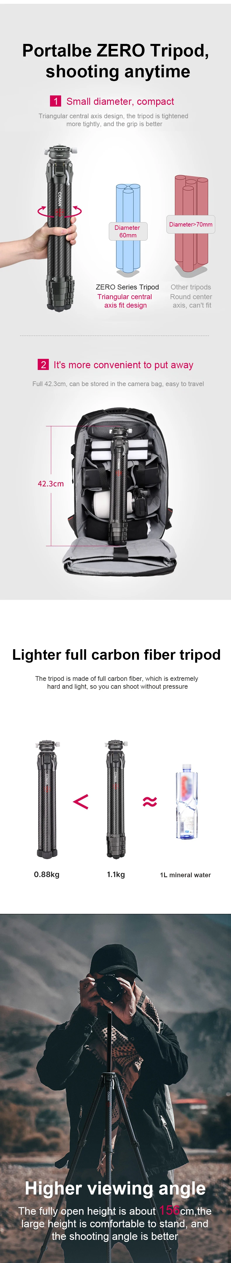 Coman Carbon Fiber Camera Tripod High Quality Portable Camera Tripod